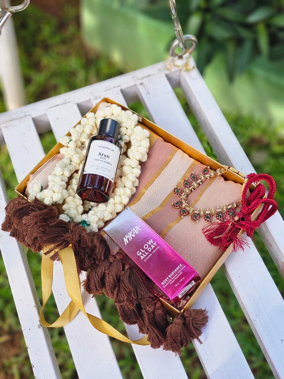 The Signature Kerala Kasavu & Jasmine Grand Festive Hamper with Brass Keepsake and Artisanal Delicacies